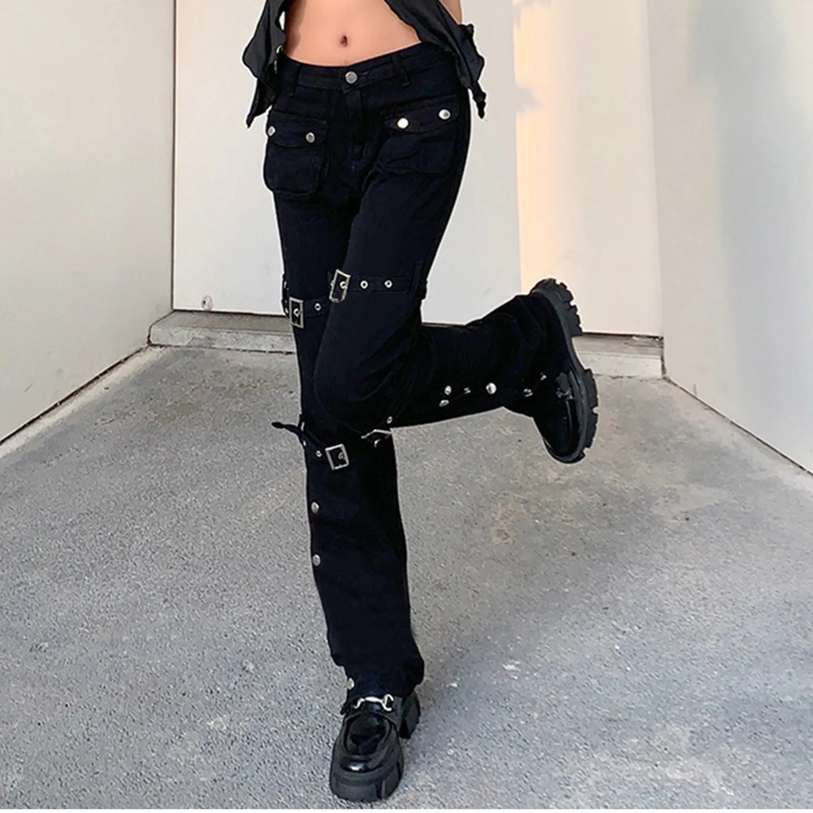 Hippie Cool Girls Straight Pants Punk Gothic Trendy Metal Buckle Side Split Black Trousers.