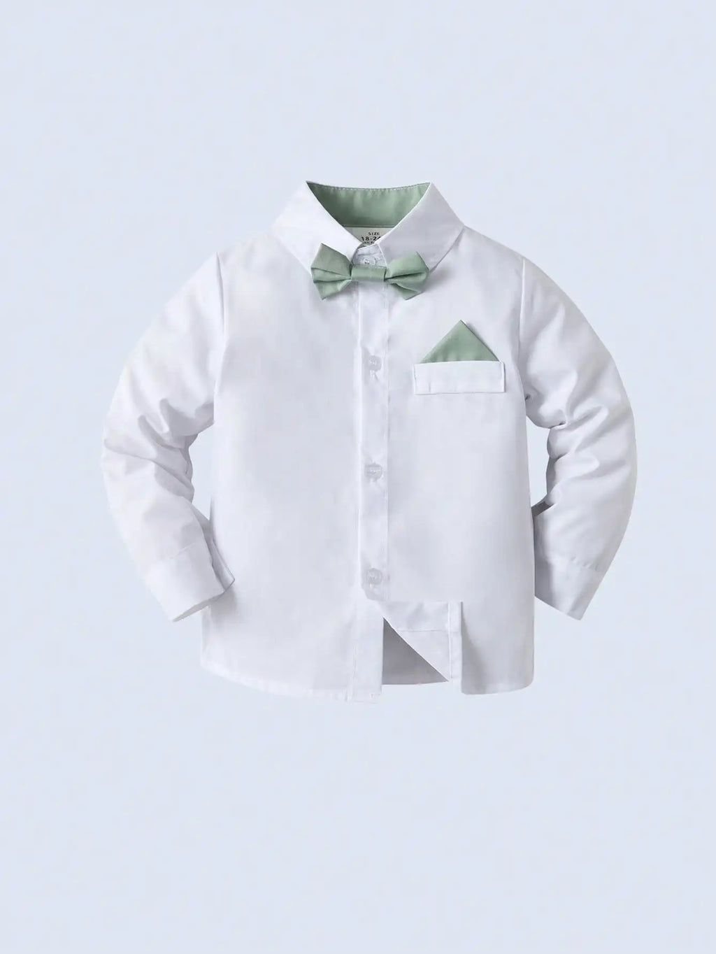 2-Piece Formal Outfit for Boys: White Long Sleeve Shirt with Mint Bowtie & Suspender Pants