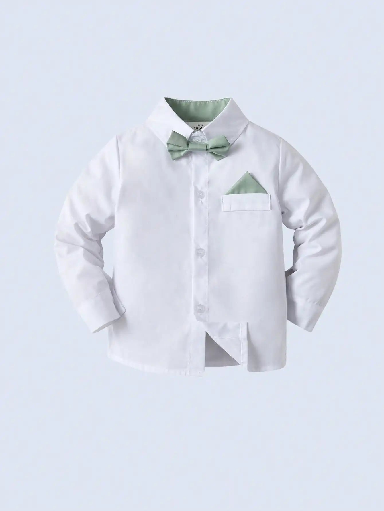 2-Piece Formal Outfit for Boys: White Long Sleeve Shirt with Mint Bowtie & Suspender Pants
