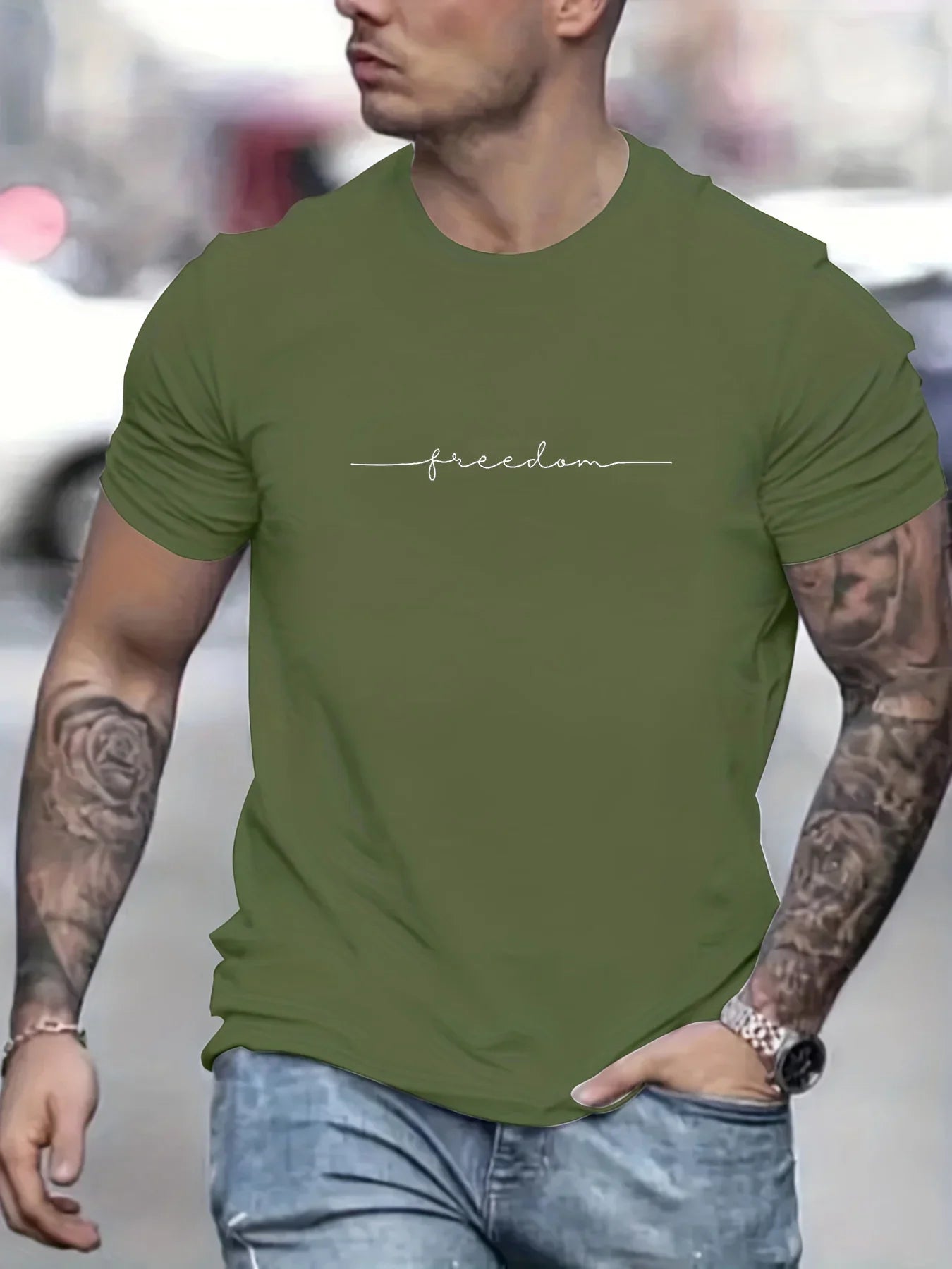 Men's Summer Loose Size 100% Cotton Freedom Graph Print Casual Slim Fit Round Neck T-shirt