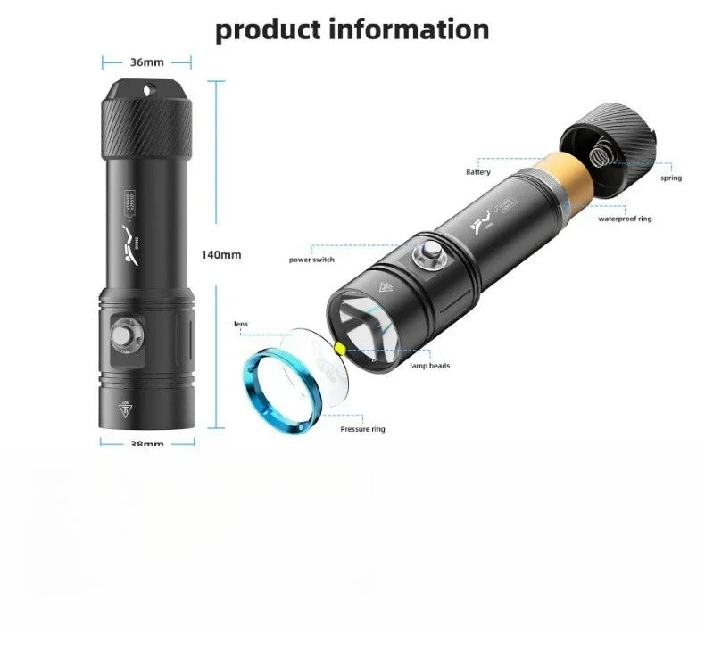 Professional diving L2-2000LM LED diving flashlight super bright IPX8 waterproof flashlight underwater 200M fishing flashlight