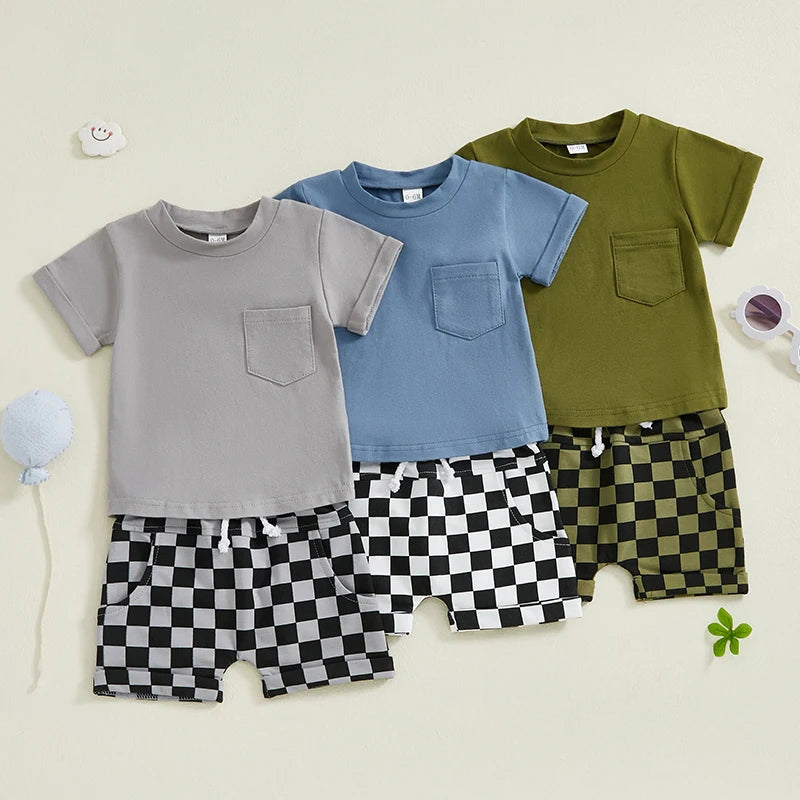 Toddler Baby Boy Summer Outfits Solid Color Short Sleeve T-shirt Checkered Shorts 2Pcs Set