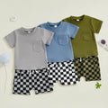 Toddler Baby Boy Summer Outfits Solid Color Short Sleeve T-shirt Checkered Shorts 2Pcs Set