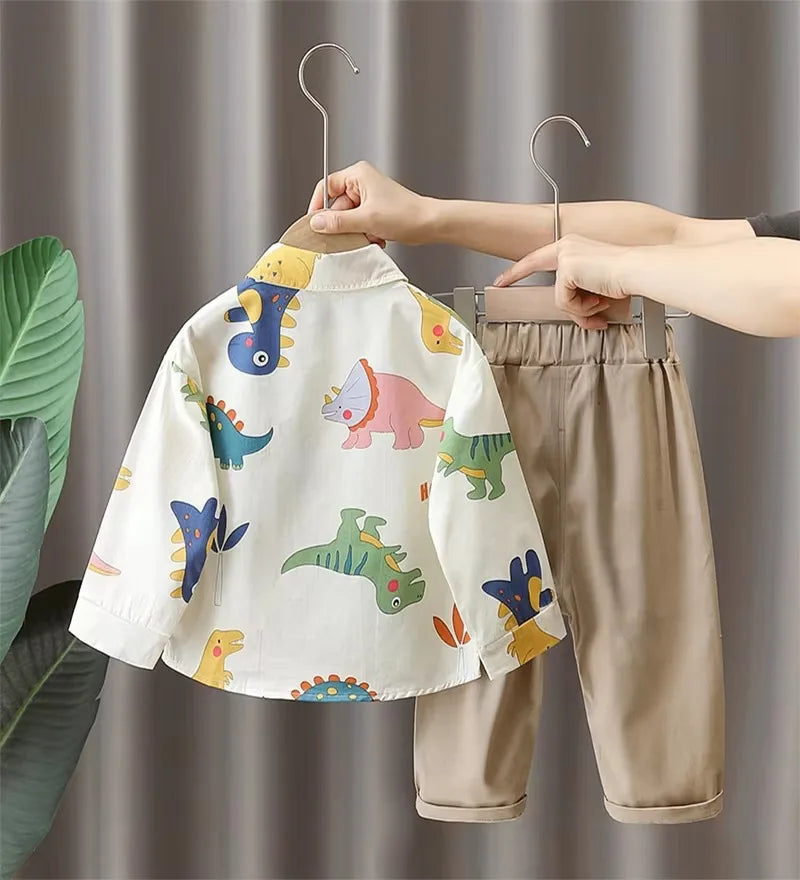 New spring  autumn boys fashion trend dinosaur Long Sleeve Shirt Boys' pants two piece se