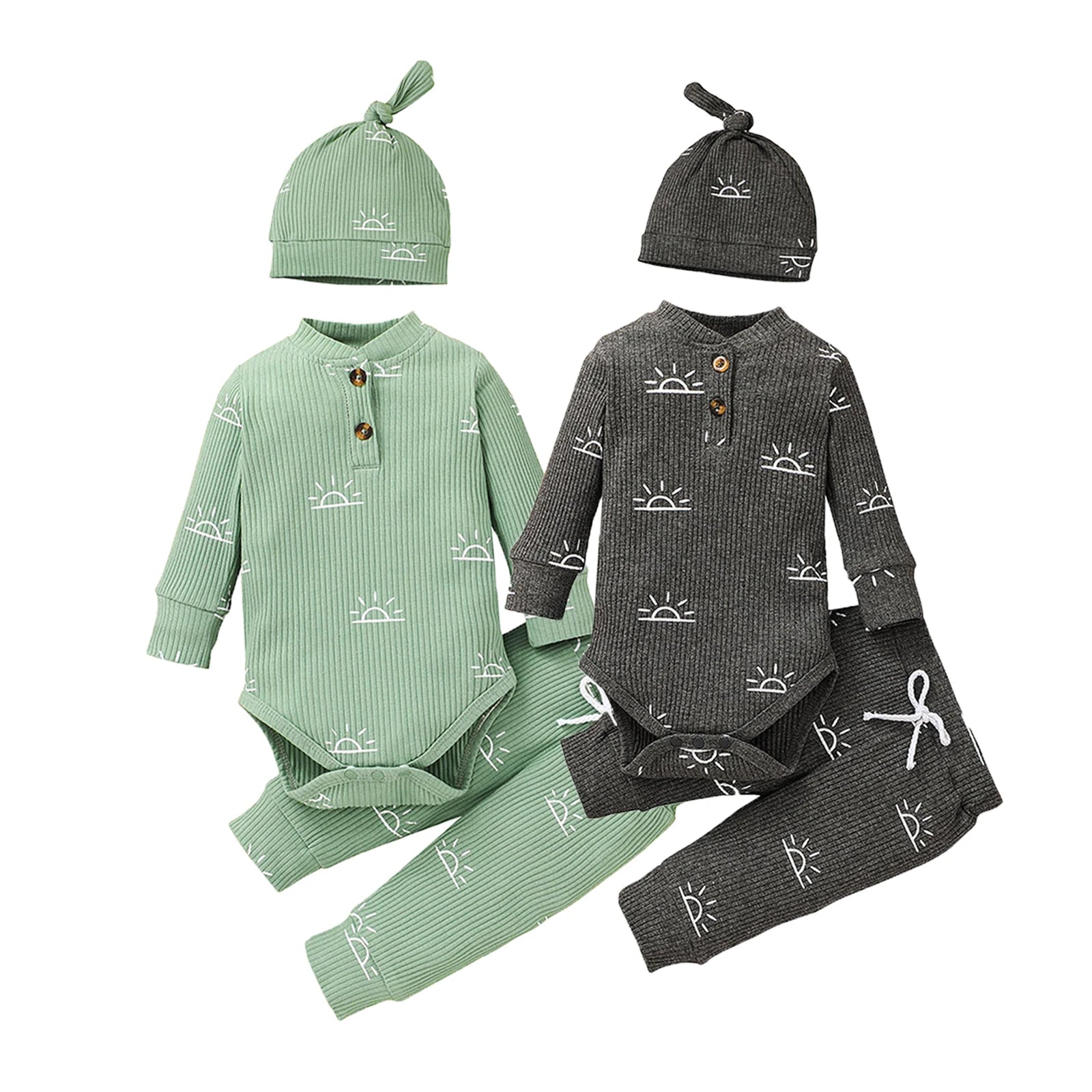 Baby Boys Clothes Newborn Ribbed Long Sleeve Romper With Sun Pattern Pants Hat Outfits Set