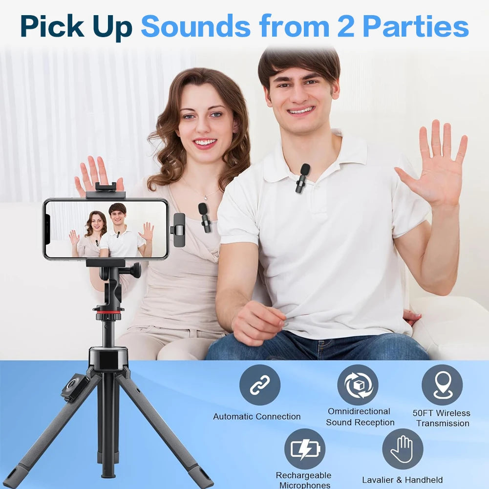 2 In 1 Wireless Lavalier Microphone Portable Audio Recording Mic for iPhone Android Live
