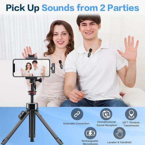 2 In 1 Wireless Lavalier Microphone Portable Audio Recording Mic for iPhone Android Live