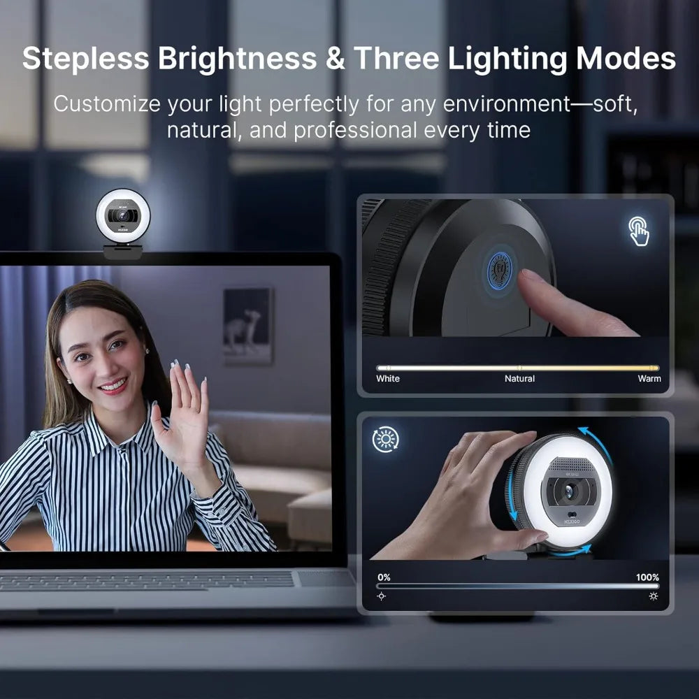 4K Webcam with Ring Light, PDAF Autofocus, 1080P@60FPS, Dual Mics, Privacy Shutter for Streaming & Meetings