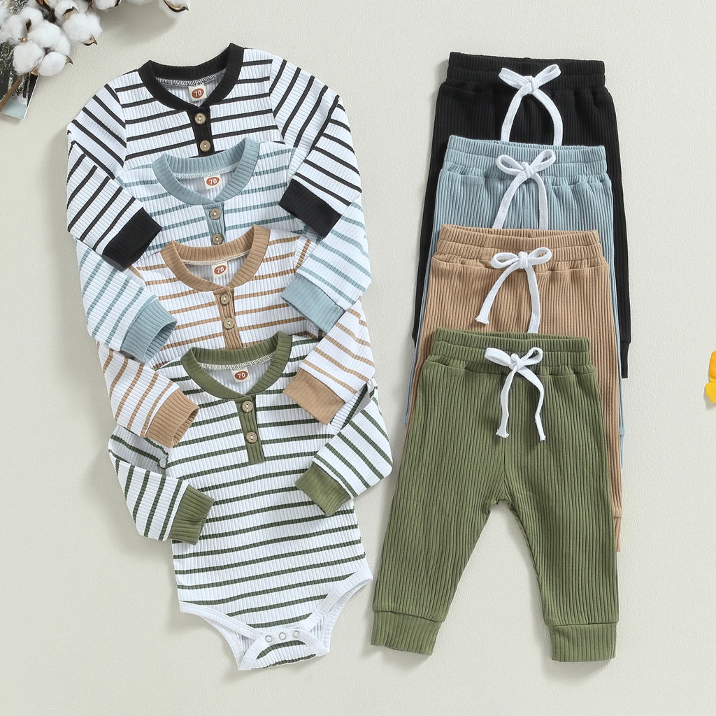 Autumn Infant Baby Boy Fall Outfits Long Sleeve Striped Print Romper + Pants Set Warm Clothes
