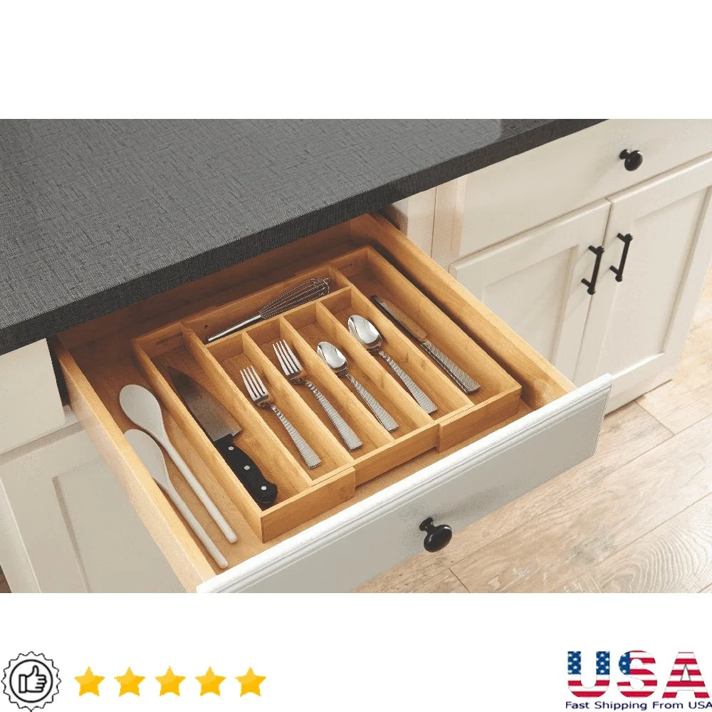 Expandable Bamboo Silverware Organizer Adjustable Cutlery Tray Kitchen Drawer Storage Utensil Holder Durable Water-resistant 5-7