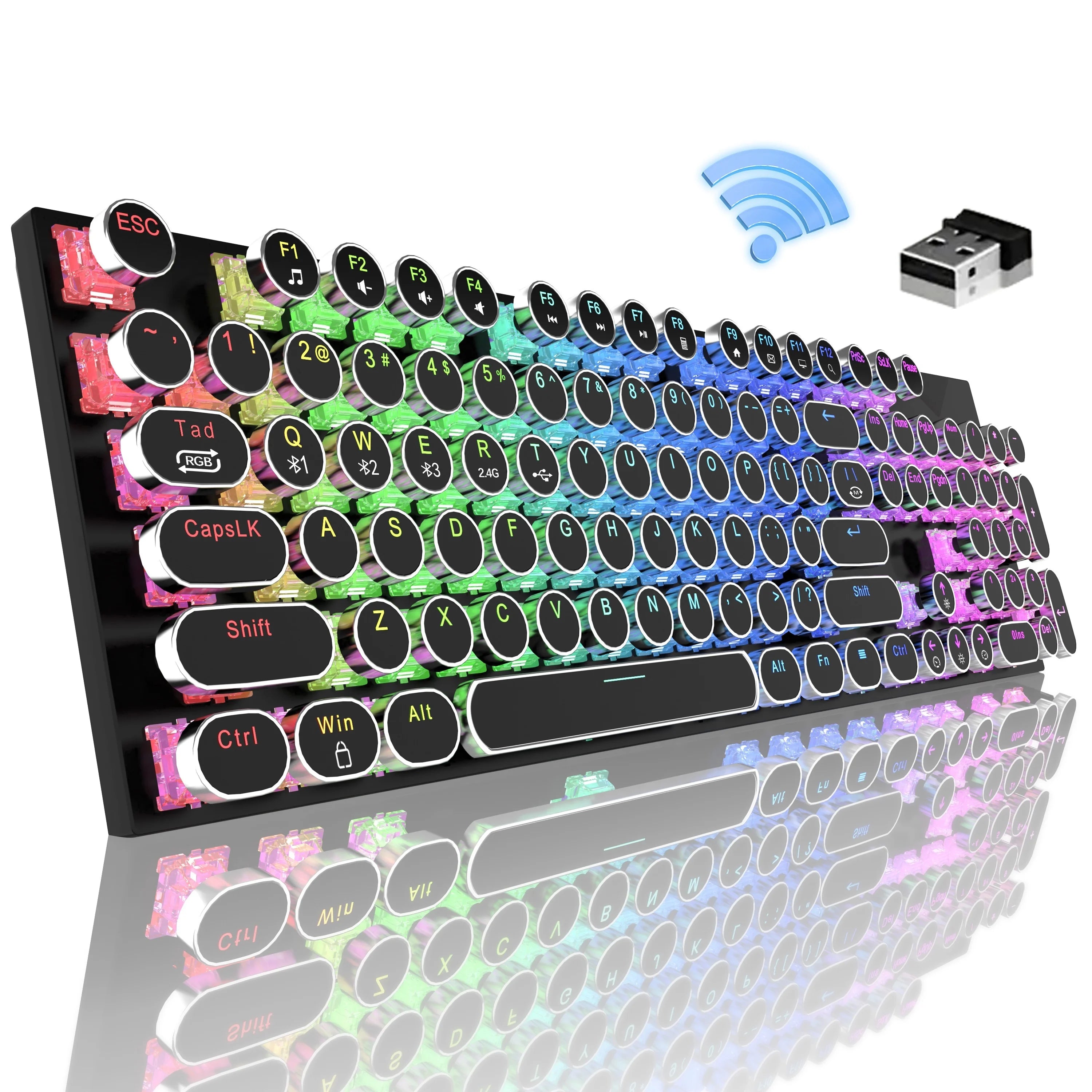 Wireless Punk Typewriter Mechanical Keyboard Round Keycaps And RGB 104-Key Game Office Triple Mode Wireless 5.0/2.4G/Wired E