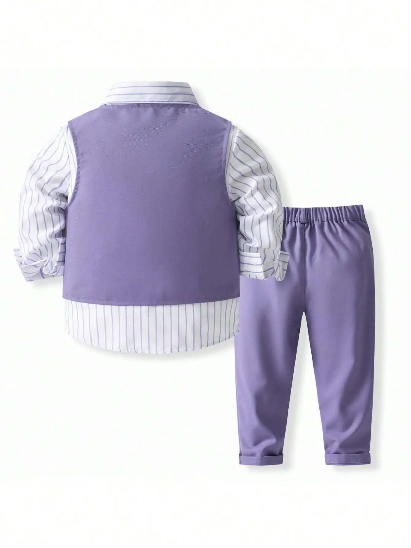 Purple Formal 3-Piece Suit Set for Boys with Striped Shirt, Vest & Bow Tie