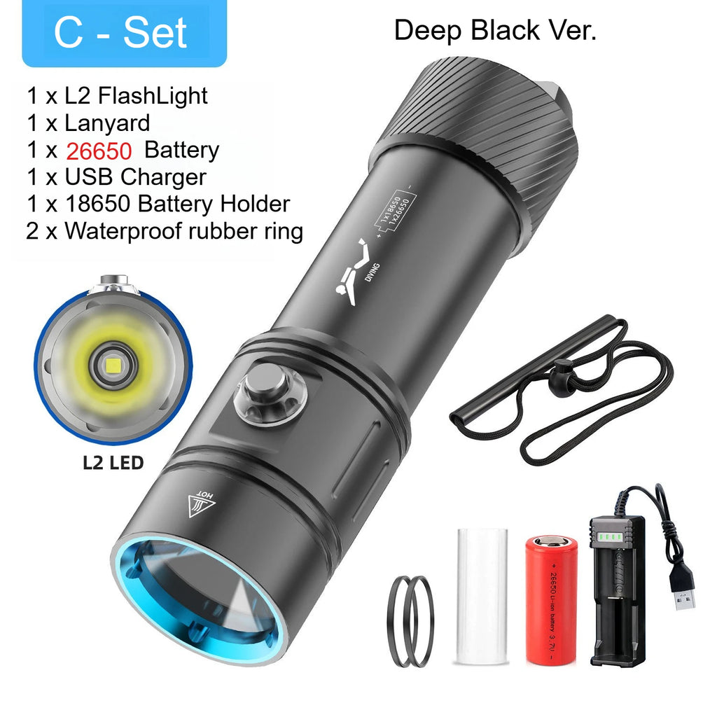 Professional diving L2-2000LM LED diving flashlight super bright IPX8 waterproof flashlight underwater 200M fishing flashlight