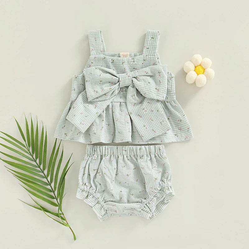 Summer Infant Baby Girl Outfits Suit Plaid Pattern Floral Printed Bowknot Suspender Tops Shorts Clothes Set