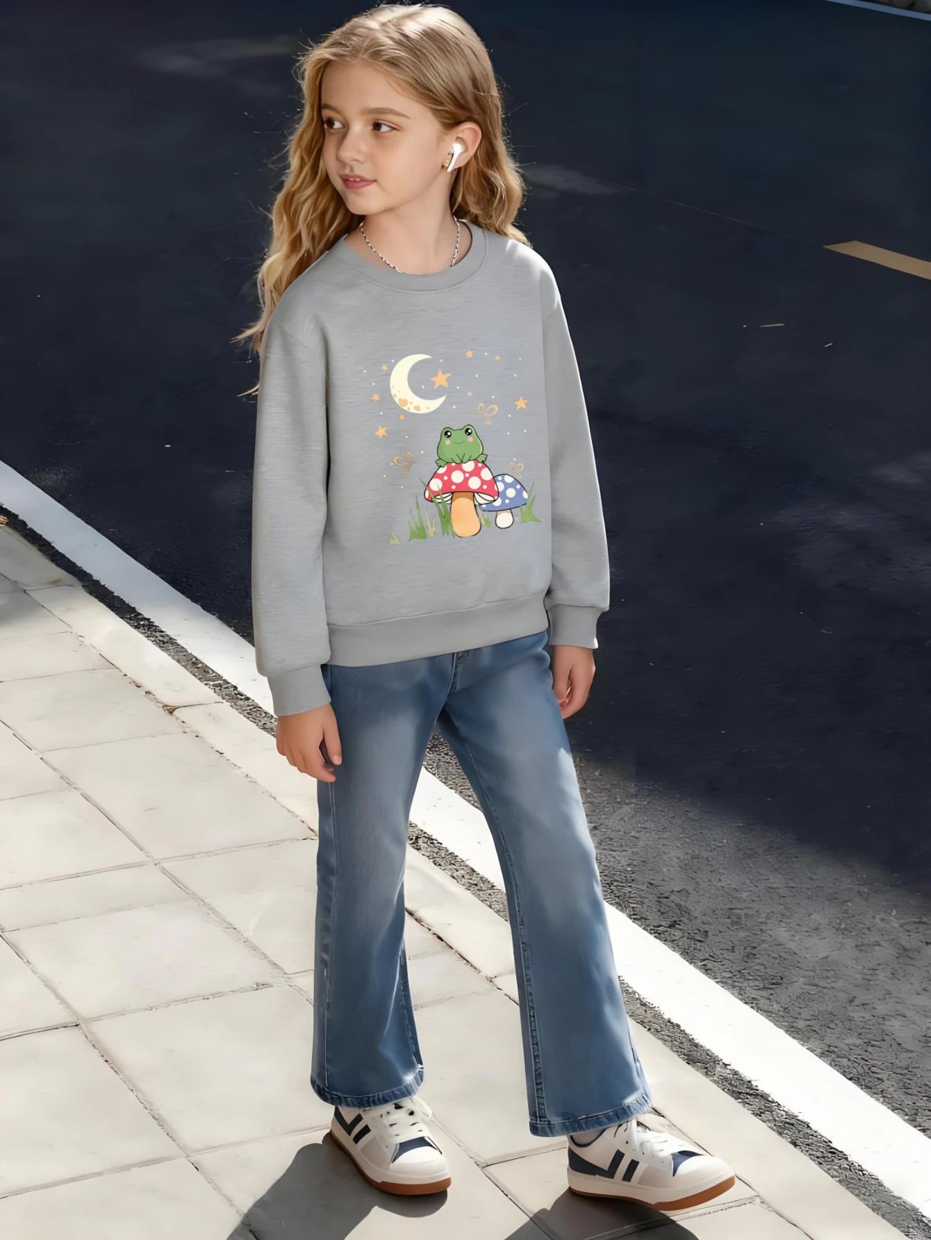 Kids Children's Cotton T-Shirt Frog on Mushroom with Moon and Stars for Boys Girls Fairy Tale Style Magical Forest Theme