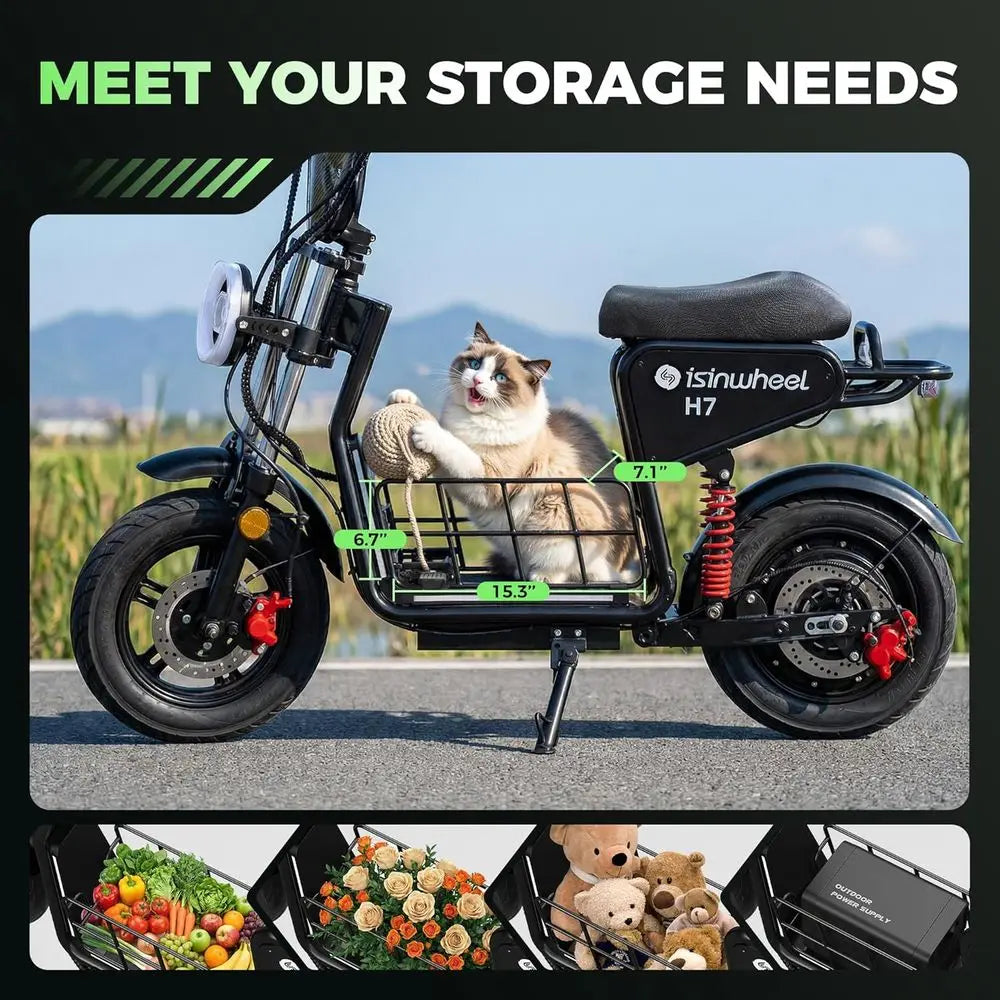 H7 Electric ycle with Seat, 43 Miles Range & 35 MPH High Speed, 15" at Tire Scooter or Adult with Mood Lights, NC Start, 1500W M