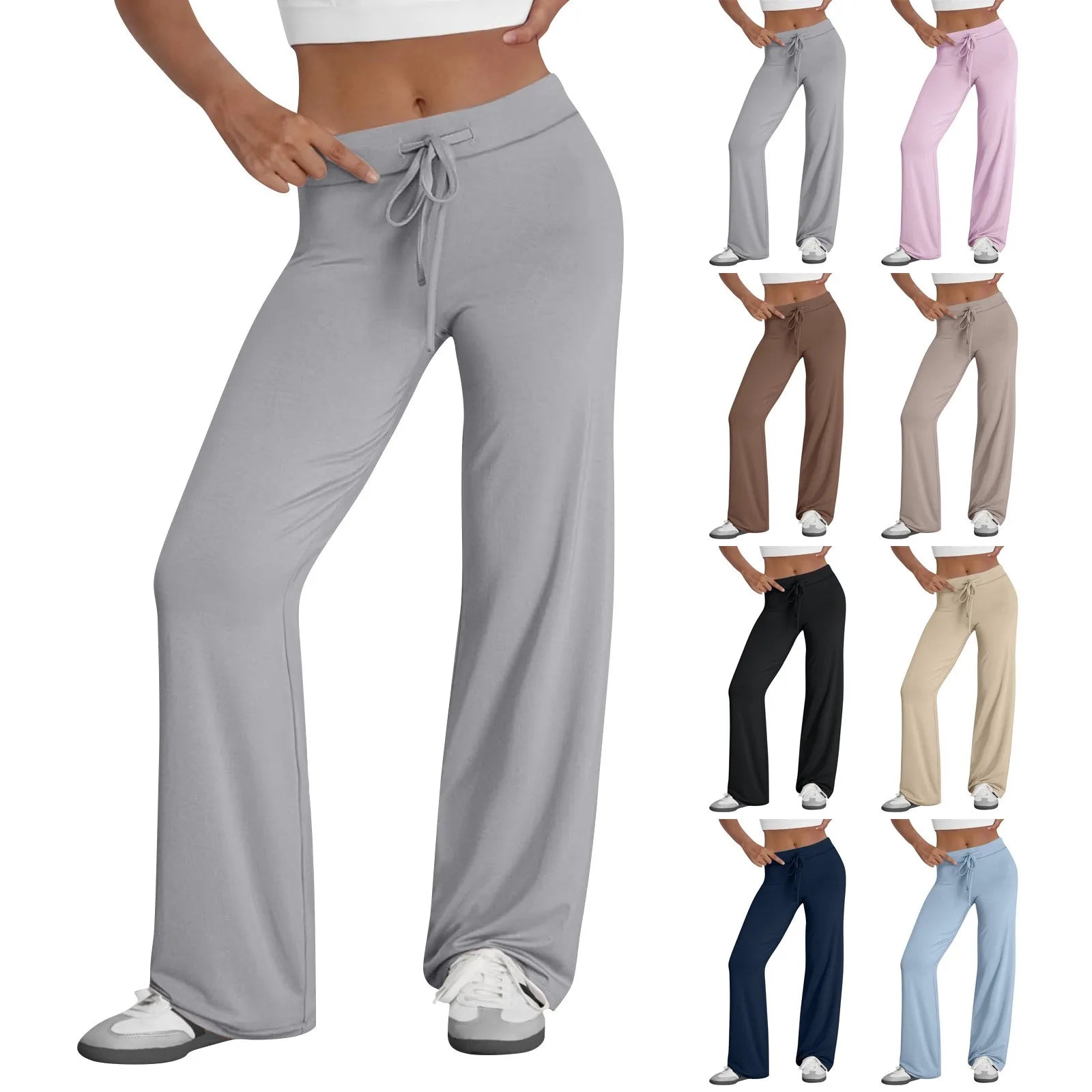 Women Wide Leg Pants Casual Cotton Yoga Pants, Pockets High Waist Drawstring Baggy Sweatpants