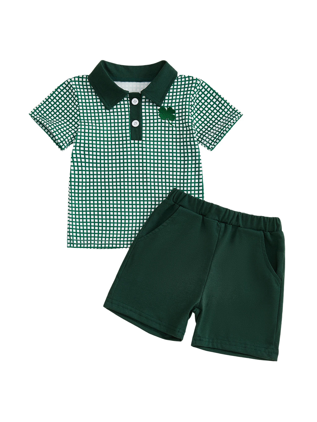 Boys St Patrick s Day Outfit Short Sleeve Lapel Clover Embroidery Plaid Shirt and Solid Color Shorts Set for Irish Celebration