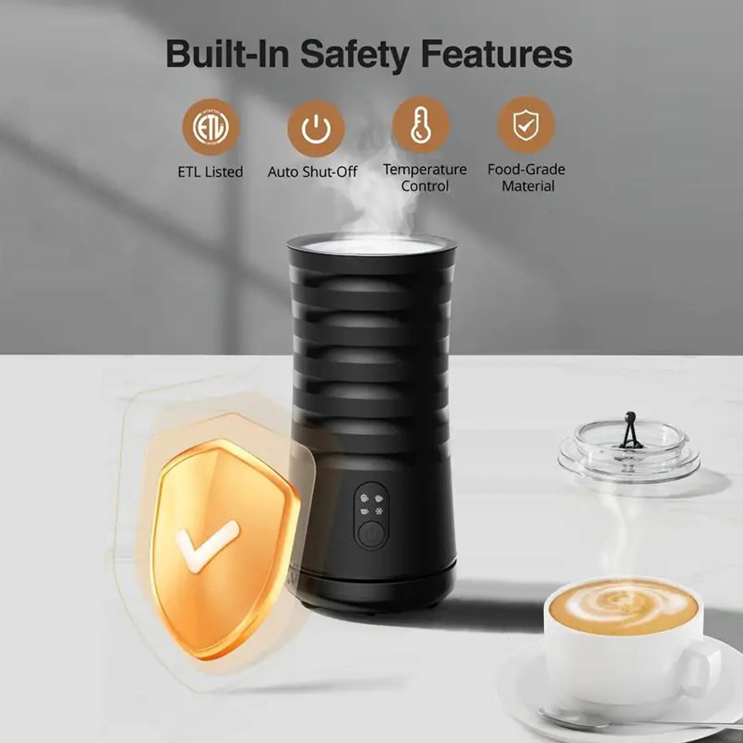 4-in-1 Milk Frother And Steamer, Non-Slip Stylish Design, Hot & Cold Milk Steamer With Temperature Control, Auto Shut-Off Frothe