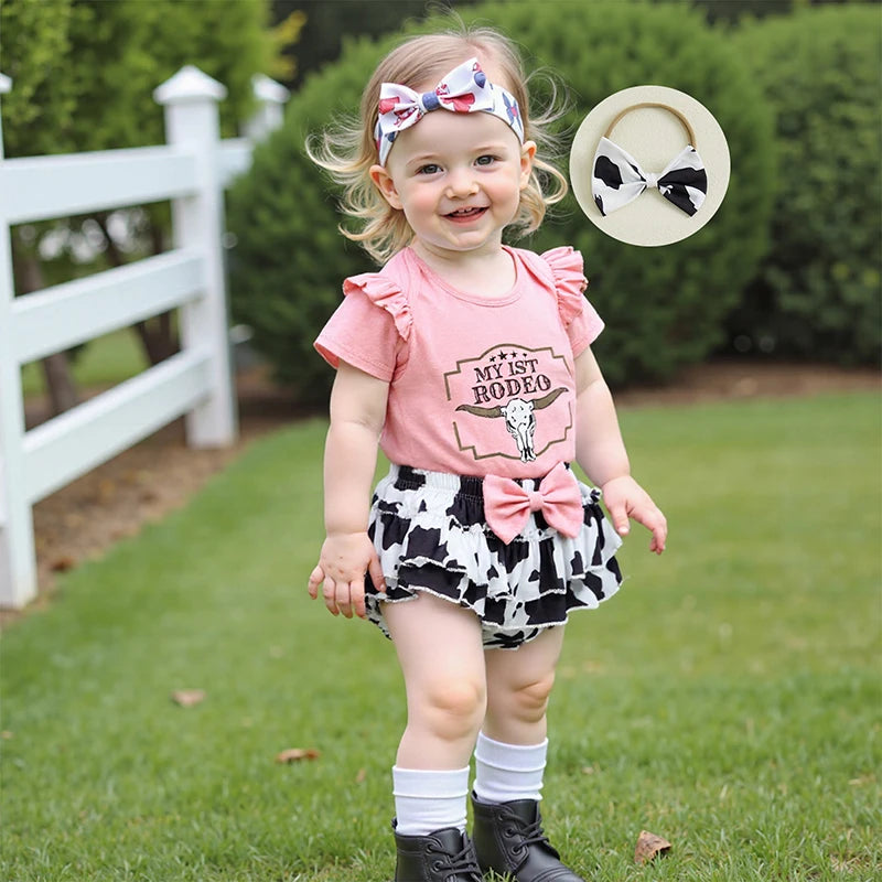 Infant Baby Girl Western Outfits Letter Short Sleeve Romper + Cow Print Tiered Ruffled Shorts + Bow Headband Set 0-18M