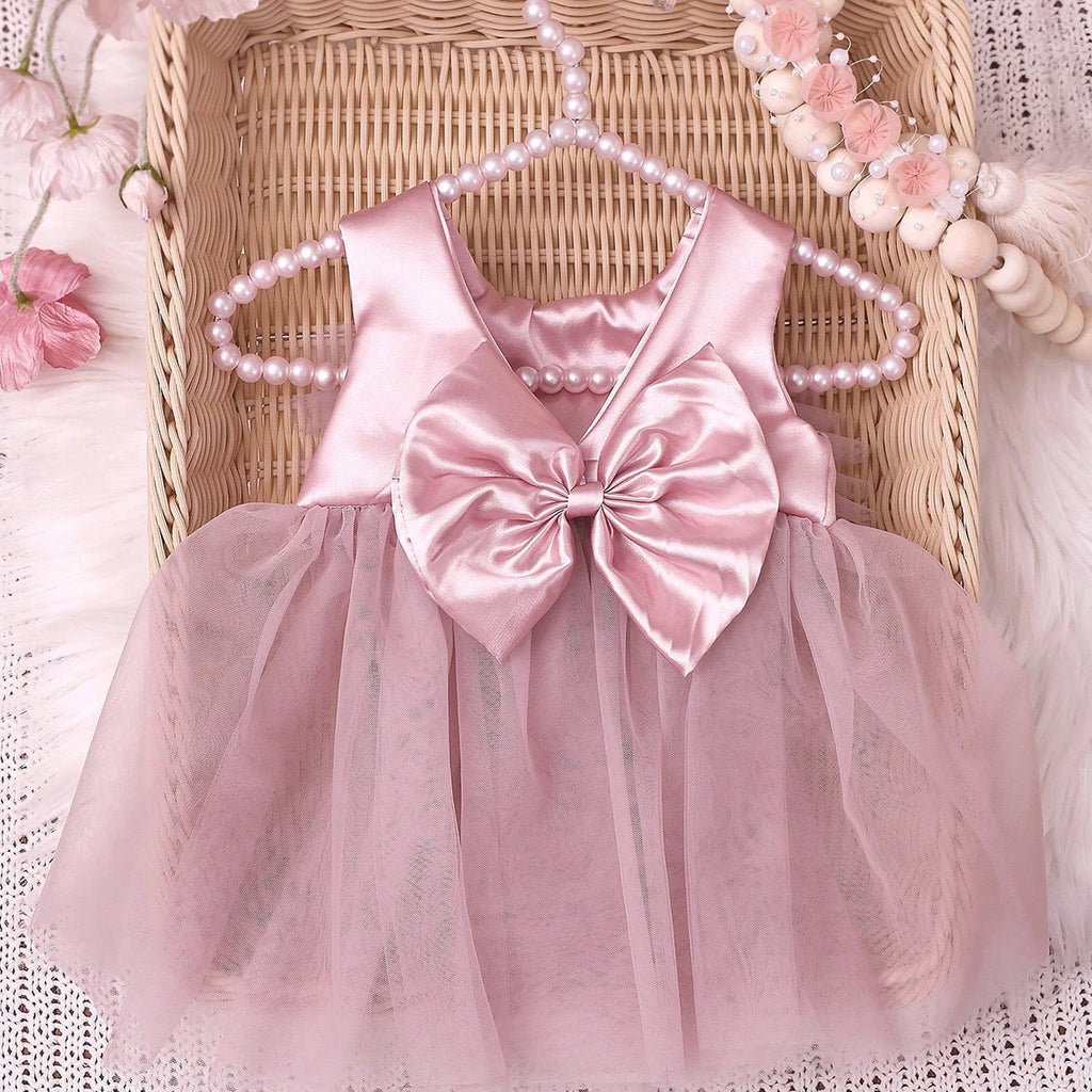 Newborn Girl Photography Dress Baby Dusty Pink Bowknot Mesh Dress With Floral Pearl Headband  Infant Photo Props
