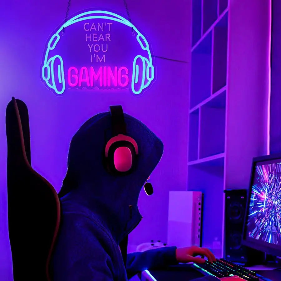 Gaming Neon Sign, Large Bright and Dimmable Colored LED Headset, USB Powered.