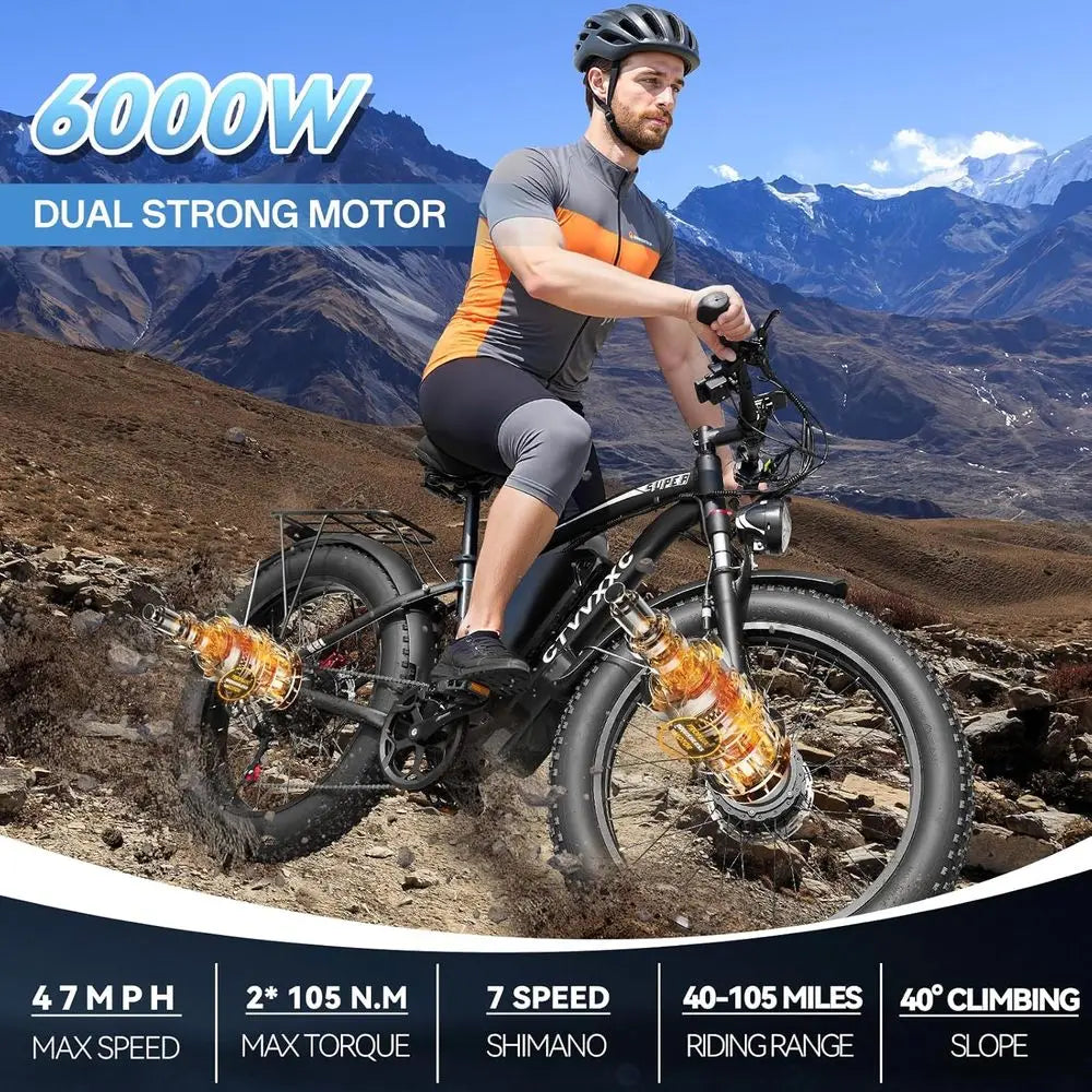 6000W Peak Dual Motor Ebike or Adults - 52V 34Ah ast Electric Bike or Men /Women 45 MPH, Up to 100 Miles,24" at Tire Lockable Sup