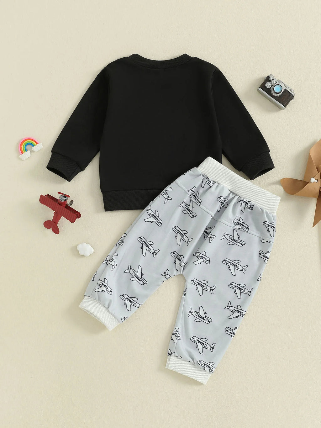Baby Boy Autumn Clothes Airplane Embroidery Sweater Printed Elastic Waist Pants 2 Piece Outfit Set for Toddlers