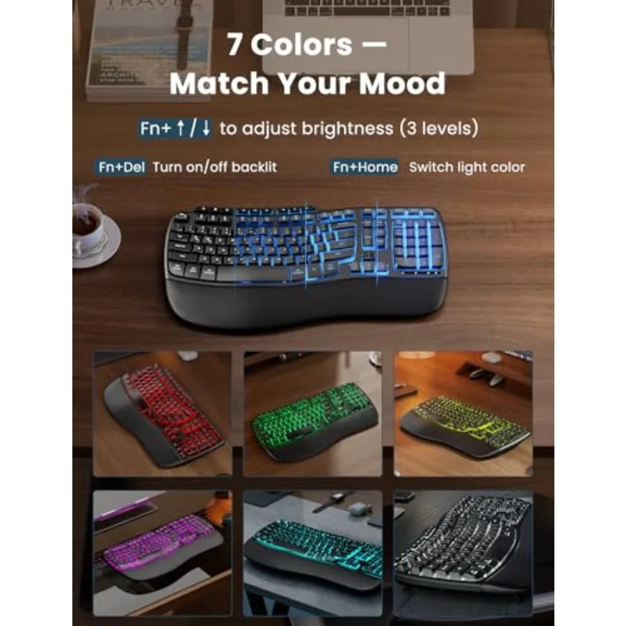 Wireless Keyboard and Mouse Combo, Rechargeable 4000mAh Backlit Keyboard with Soft Palm Rest, Wave Keys