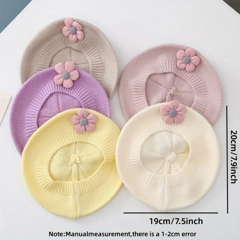 Flower Baby Beret Hat Winter Warm Knitted Beanie Cap for Infant Girls Toddler Princess Artist Solid Color Painter Caps