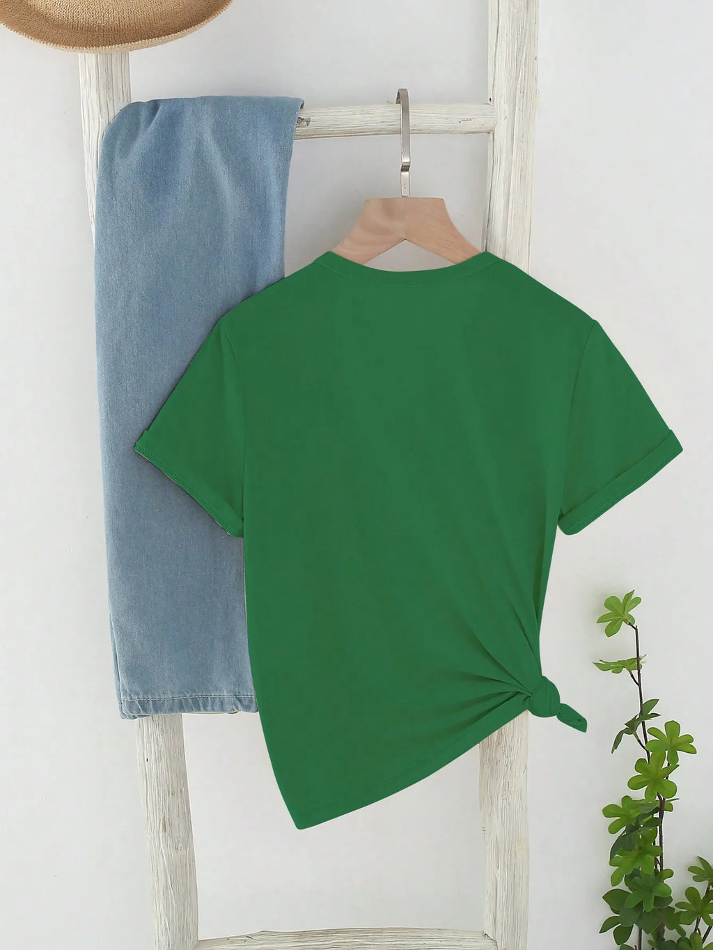 Girls Green Short Sleeve T-Shirt with White Heart and Clover Graphic