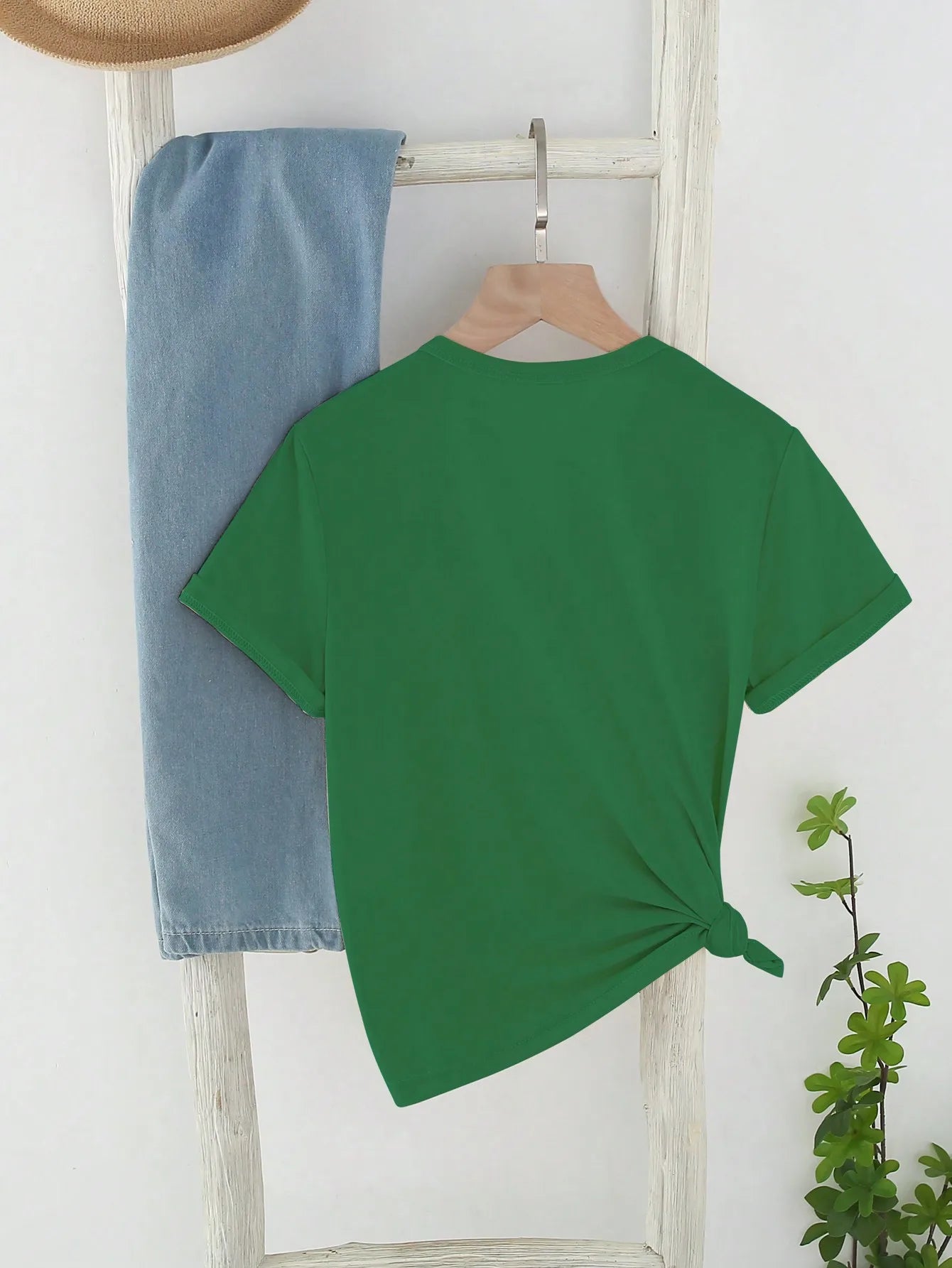 Girls Green Short Sleeve T-Shirt with White Heart and Clover Graphic