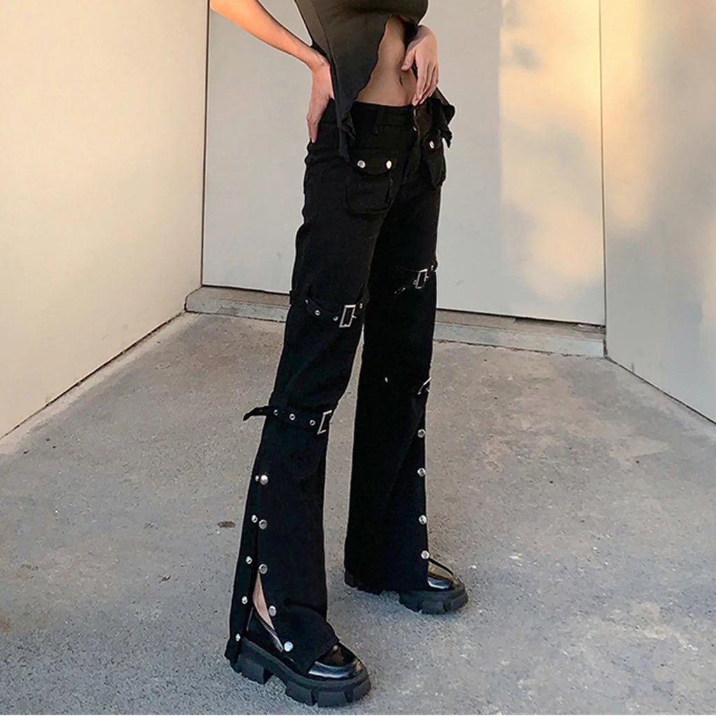 Hippie Cool Girls Straight Pants Punk Gothic Trendy Metal Buckle Side Split Black Trousers.