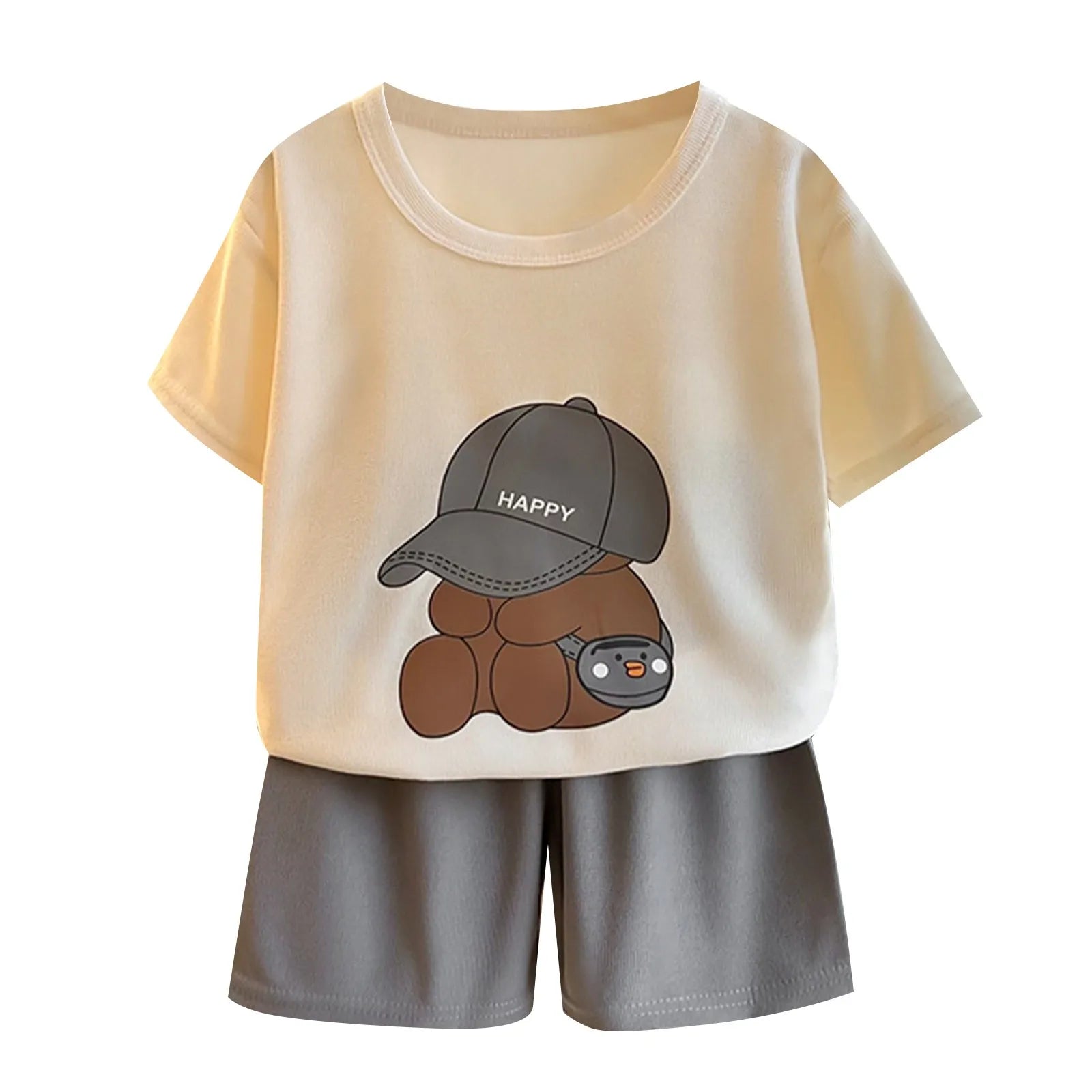 Children Boys 2pcs Tracksuits Cotton Bear Printed Short Sleeves+Shorts Kids Boys Outfits Loose Round Collar Little Boys Tee Suit