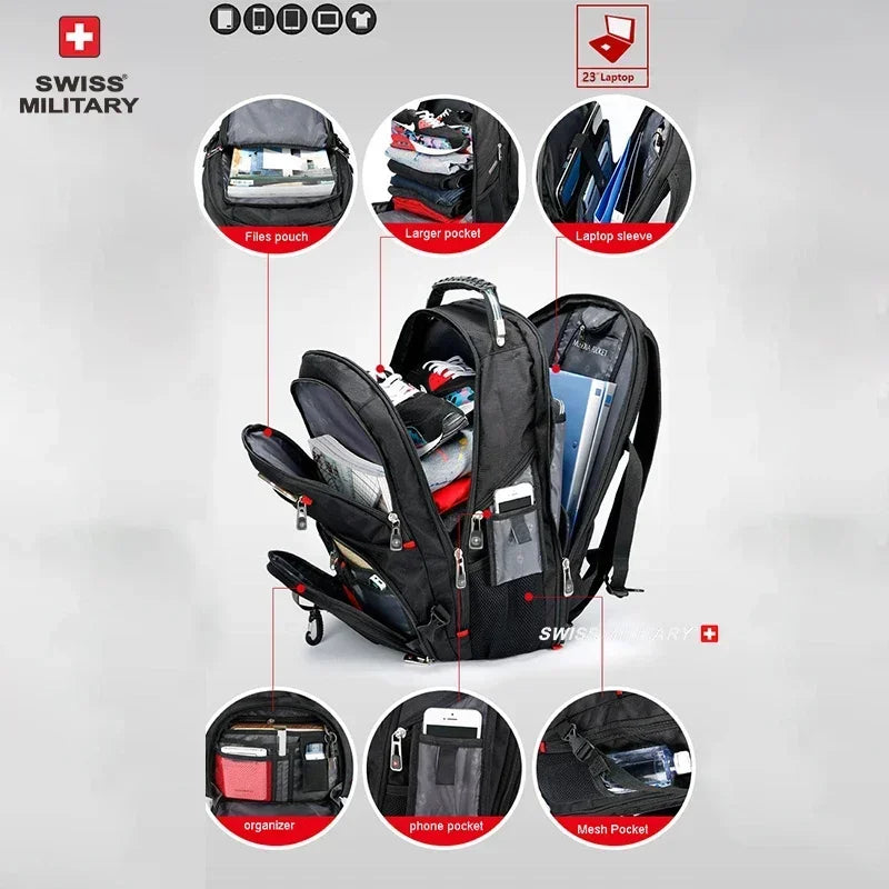 SWISS 17' Laptop Backpack Waterproof USB Charge Port Swiss-style Multifunctional Rucksack Schoolbag Mochila Hiking Travel Bag