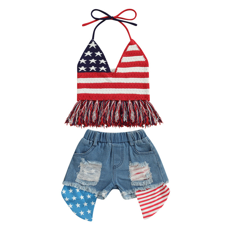 0-6 Years Toddler Baby Girl 2Pcs Independence Day Summer Clothing Set Knitting Vest Top Denim Shorts