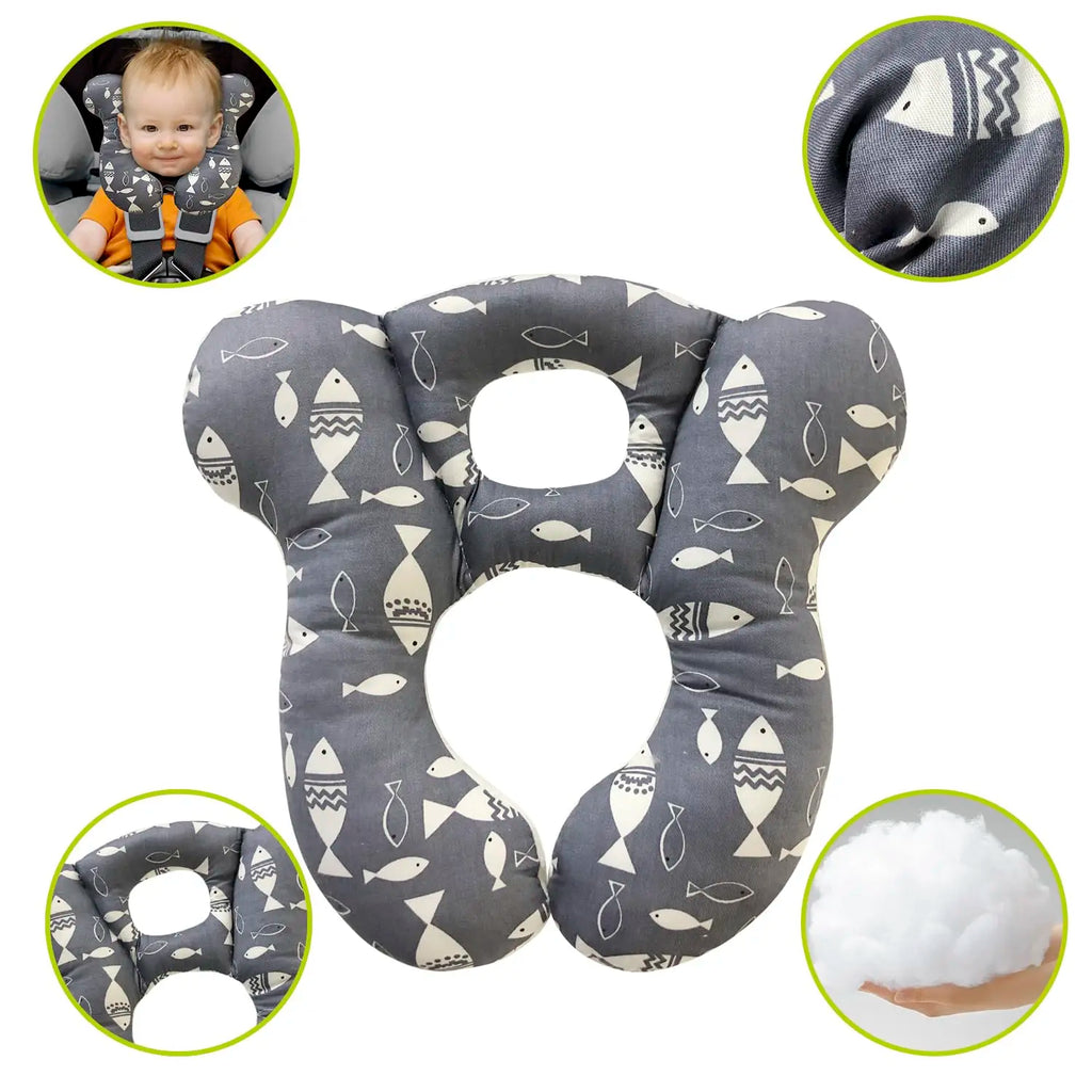 Soft Baby Travel Pillow for Car Seat and Stroller, Comfortable Kids Cushion with Cute Gray Fish Design
