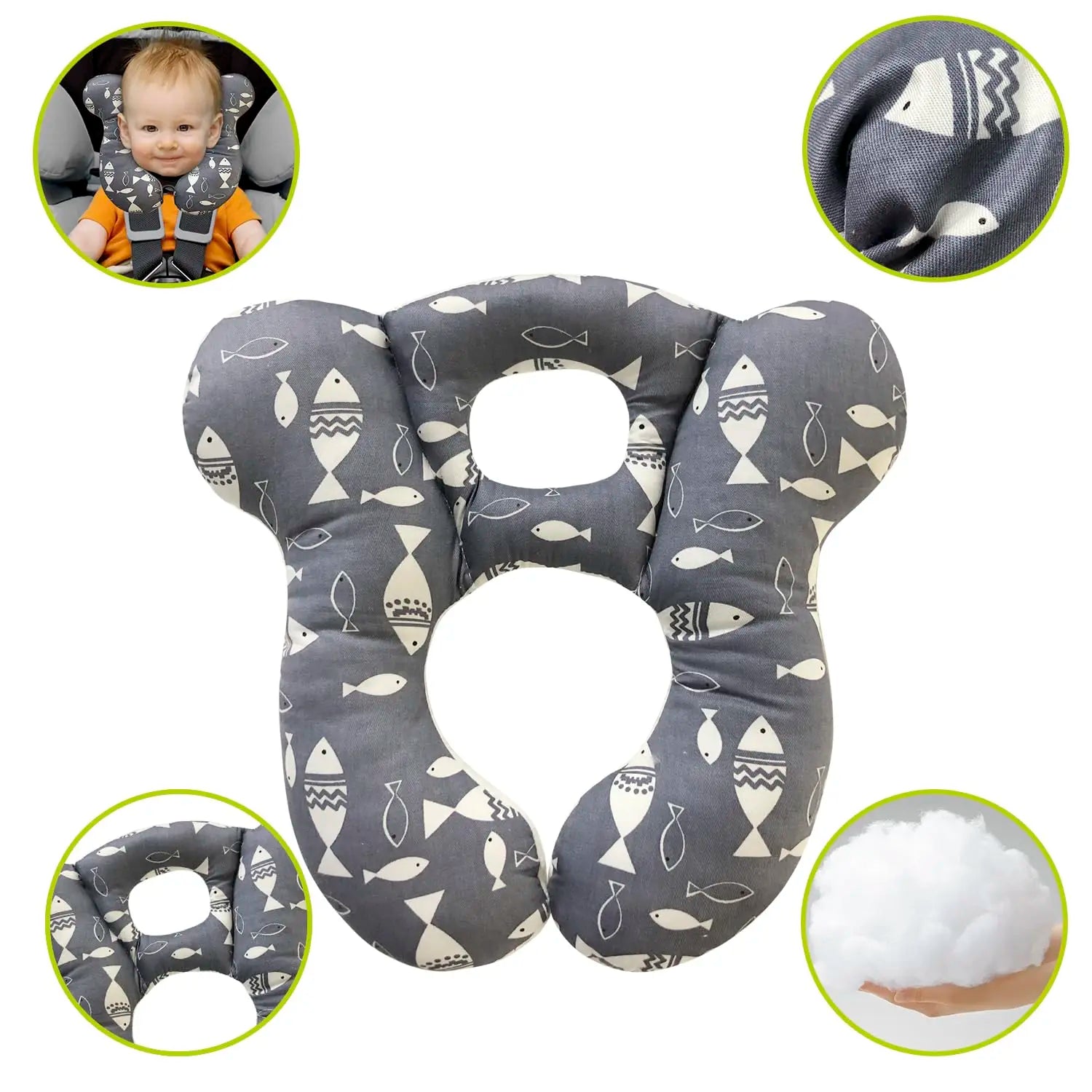 Soft Baby Travel Pillow for Car Seat and Stroller, Comfortable Kids Cushion with Cute Gray Fish Design