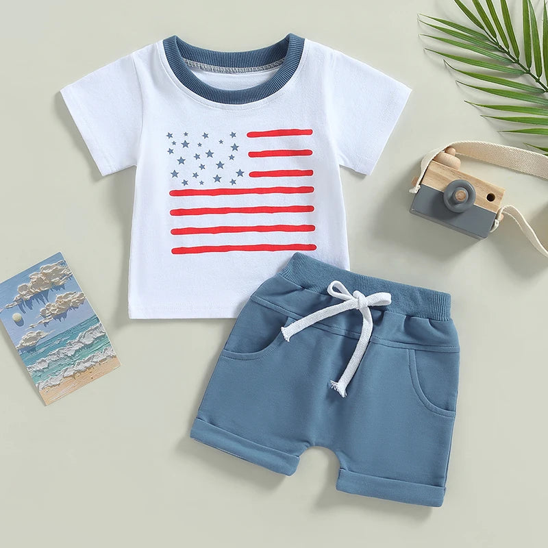Summer Independence Day Toddler Boys Outfits Stars Stripes Short Sleeve T-shirt and Casual Elastic Shorts Clothes Set