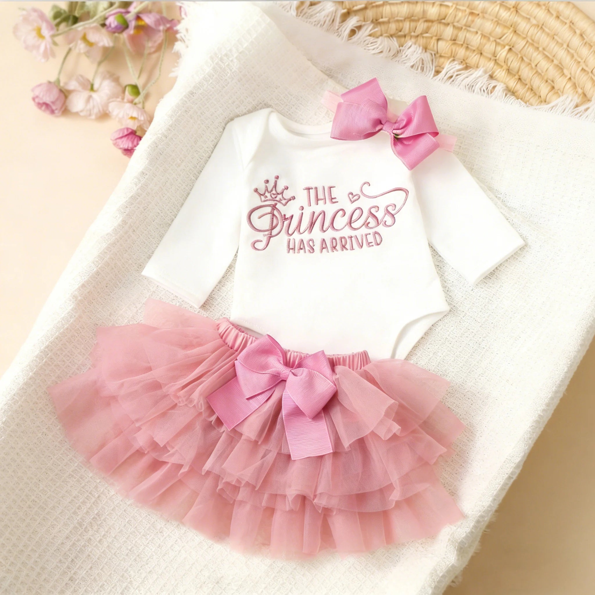 Summer Newborn Photography Outfit Sets Infant Baby Girls Letter Print Romper Pink Tulle Skirt Headband Photo Props-HD