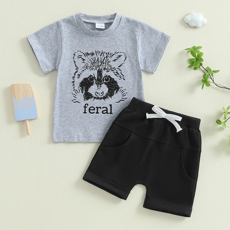 Toddler Baby Boy Shorts Set Bear/Raccoon Short Sleeve T-shirts Solid Elastic Waist Shorts Summer Outfit