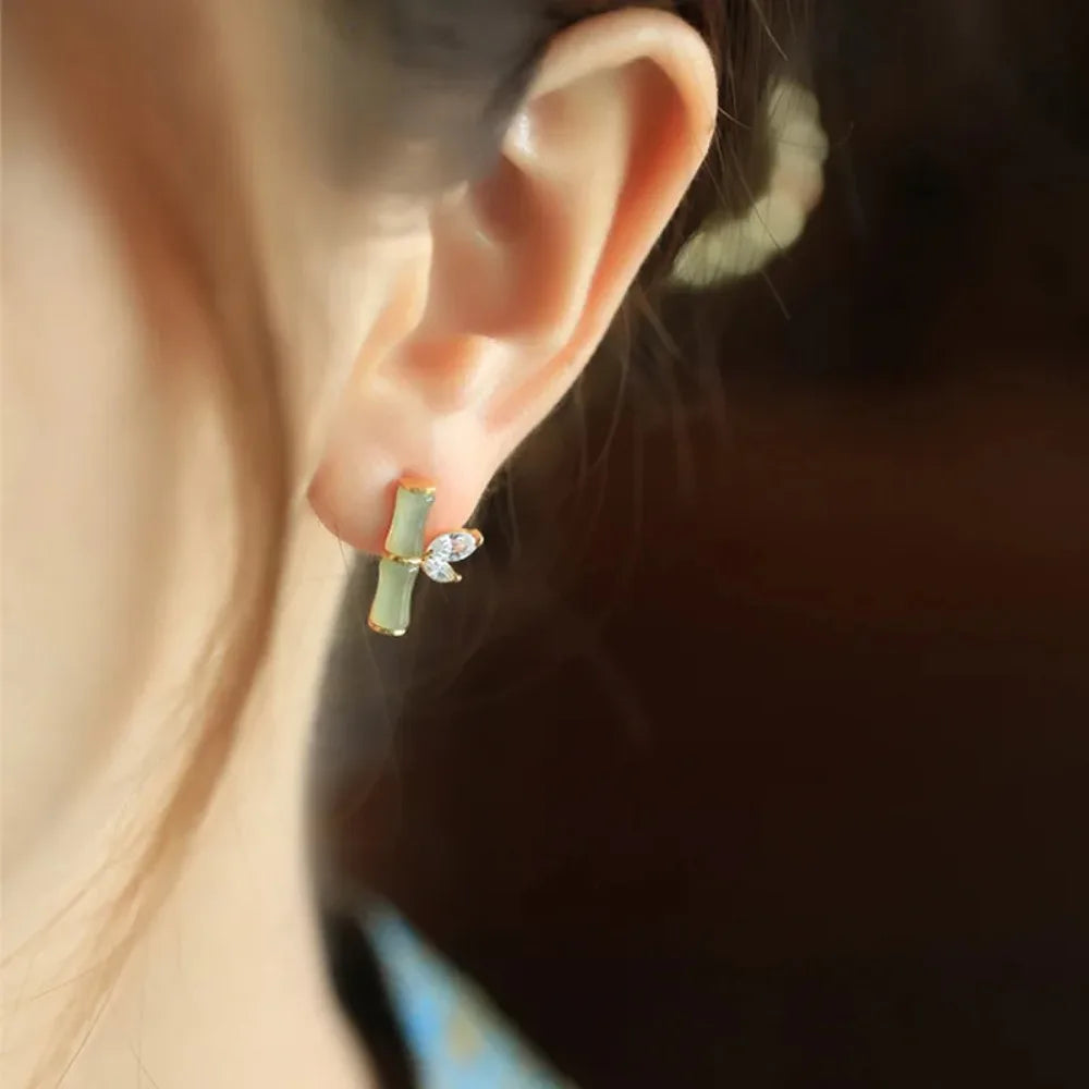 Vintage Style Imitation Jade Bamboo Crystal Stud Earrings Women Fashion Jewelry Gifts