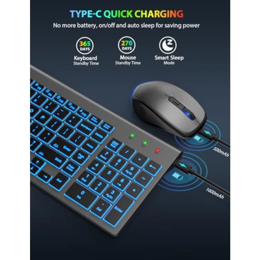 Wireless Keyboard and Mouse Combo Backlit - Compact Quiet Keyboard with RGB Mouse, Rechargeable, Slim, Sleep Mode, Portable Cor