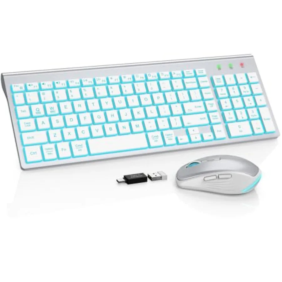 Wireless Keyboard and Mouse Combo Backlit - Compact Quiet Keyboard with RGB Mouse, Rechargeable, Slim, Sleep Mode, Portable Cor
