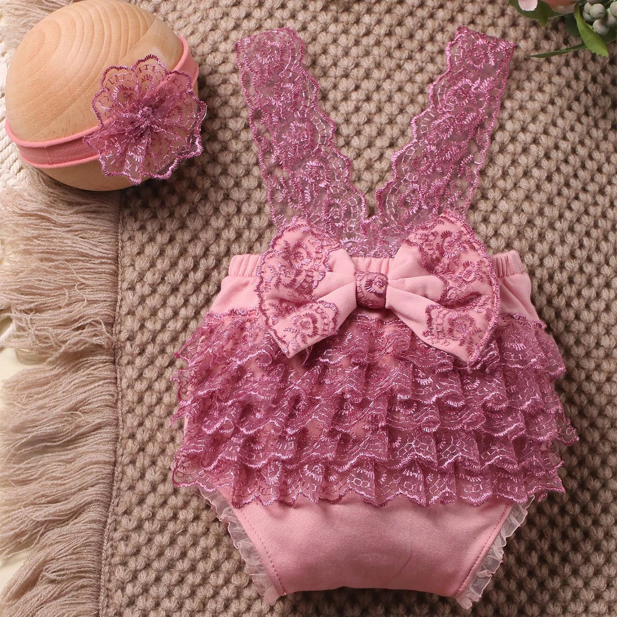 Newborn Photography Lace Romper Set  Photo Shoot Outfits with Bow Headband for Baby Girl Picture Ideas
