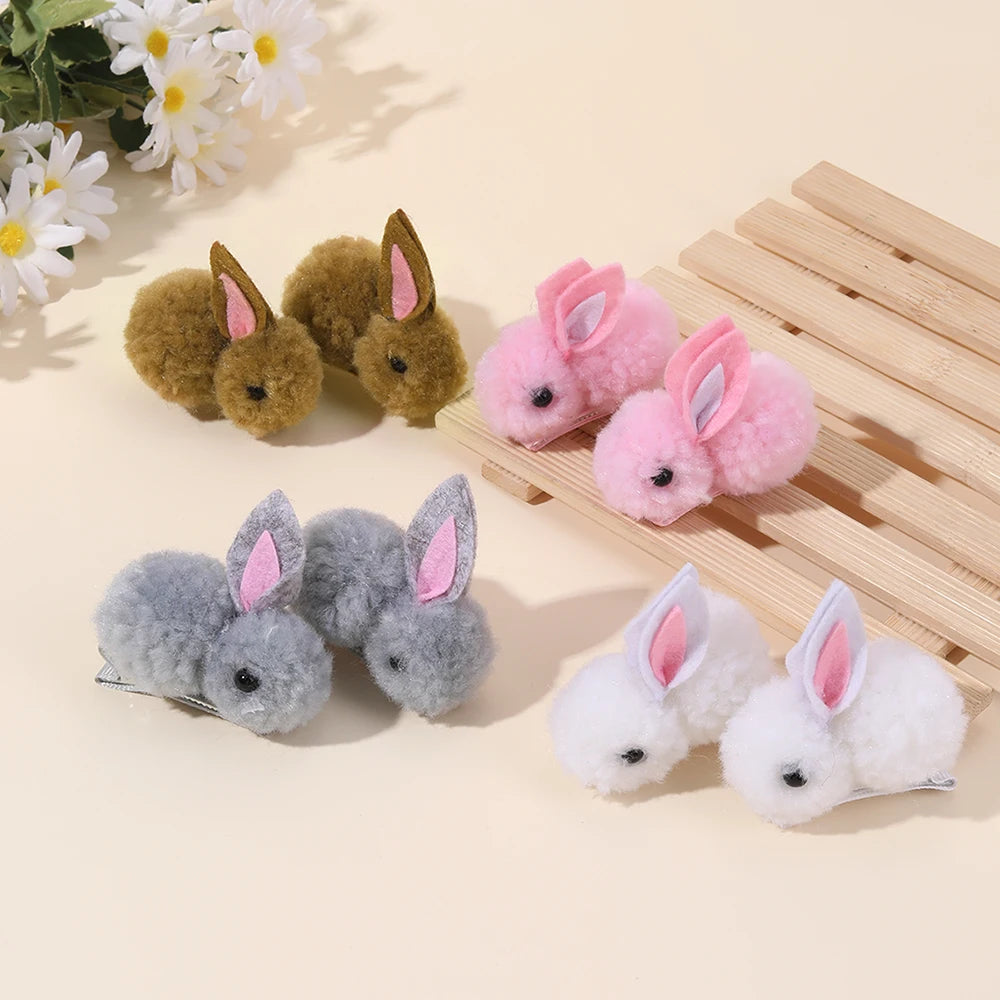 2Pcs Cute Bunny Hair Clips 3D Soft Hairball Plush Rabbit Hairpins For Baby Girls Children Headwear Ornaments Accessories Gifts