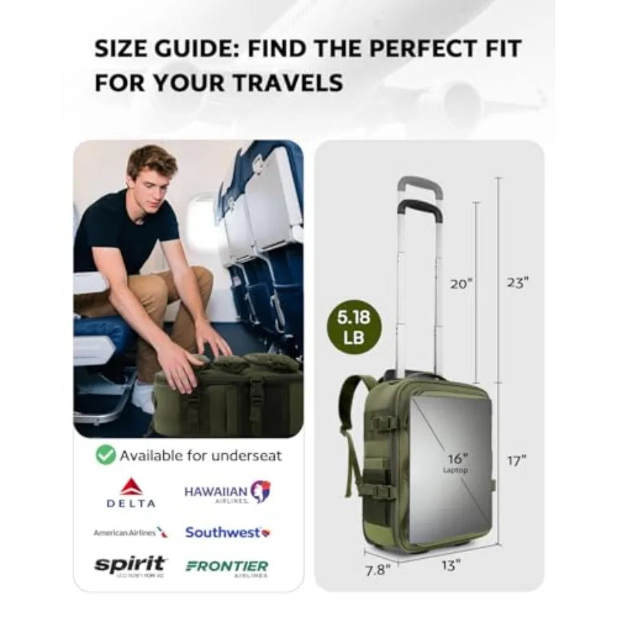 Rolling Tactical Laptop Backpack, Underseat Travel Backpack with Wheels, 16 Inch Wheeled Military Computer Backpack for Men and