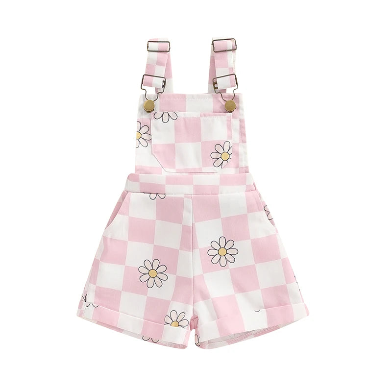 Toddler Baby Girl Overalls Short Checkerboard Floral Print Summer Sleeveless Romper Jumpsuit Girls Clothes