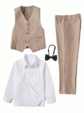 4-Piece Boys Formal Suit Set: White Shirt, Beige Vest & Pants, Black Bow Tie