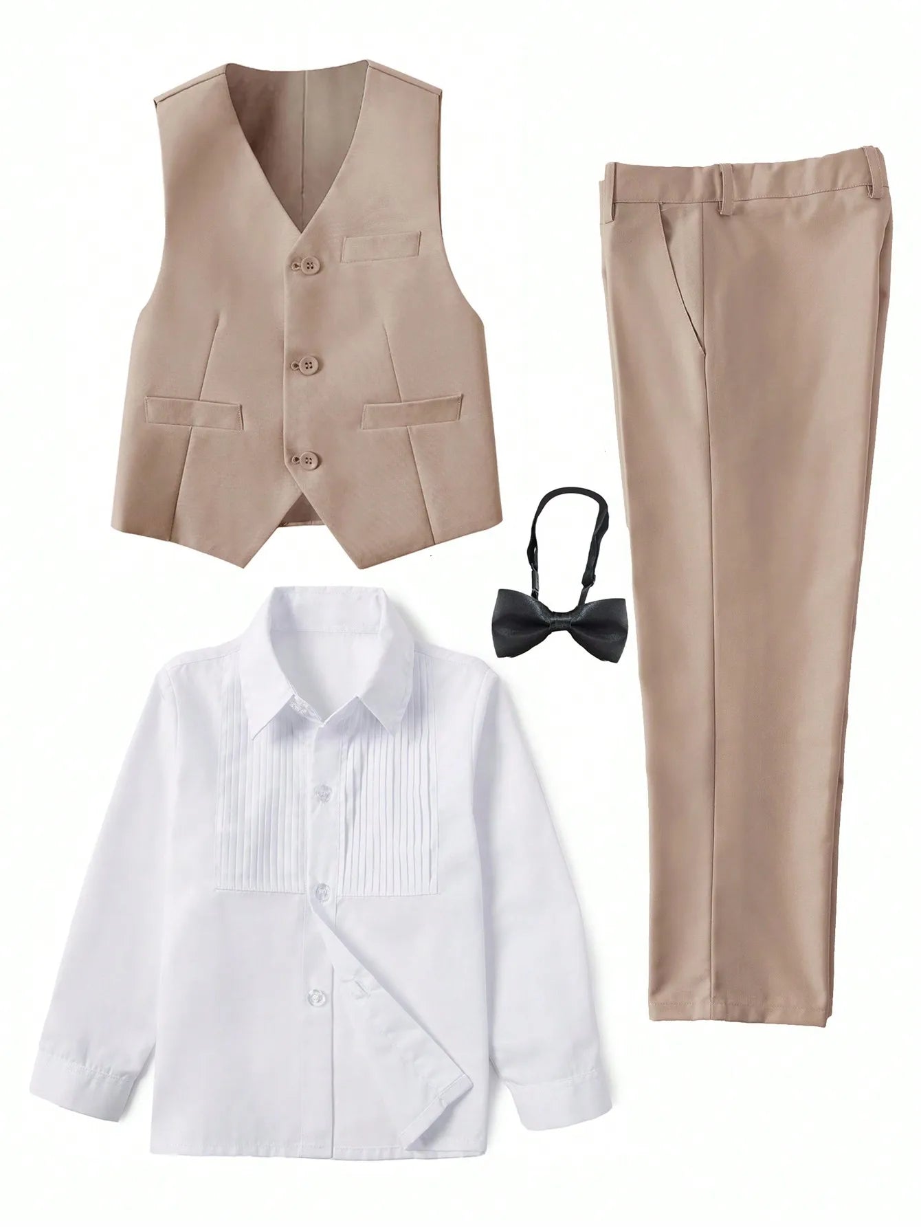 4-Piece Boys Formal Suit Set: White Shirt, Beige Vest & Pants, Black Bow Tie